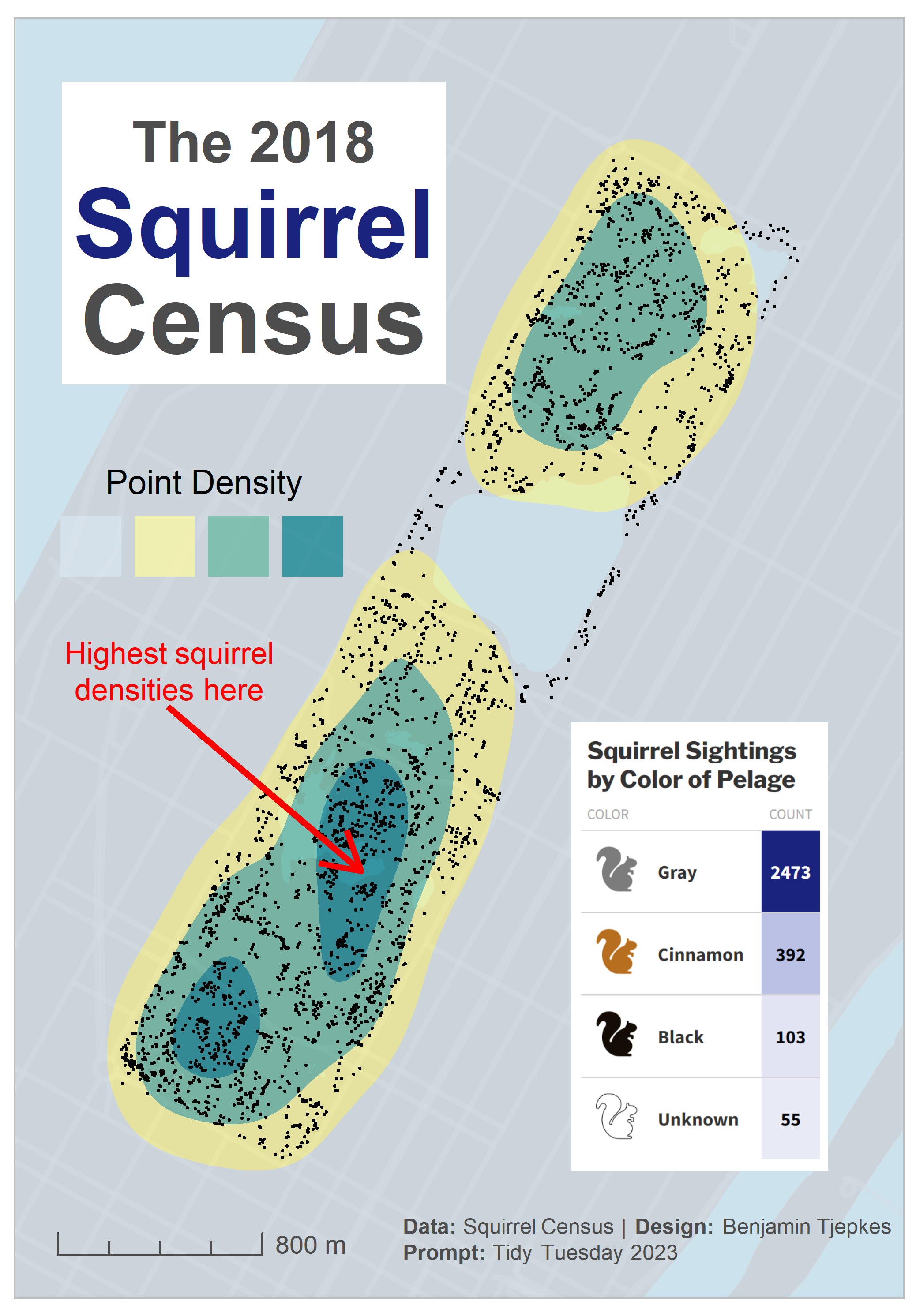 Map showing squirrel densities in Central Park.