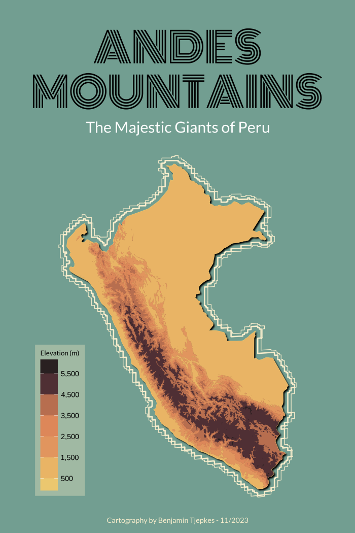 A contour map showing the elevation change in the Andes of Peru