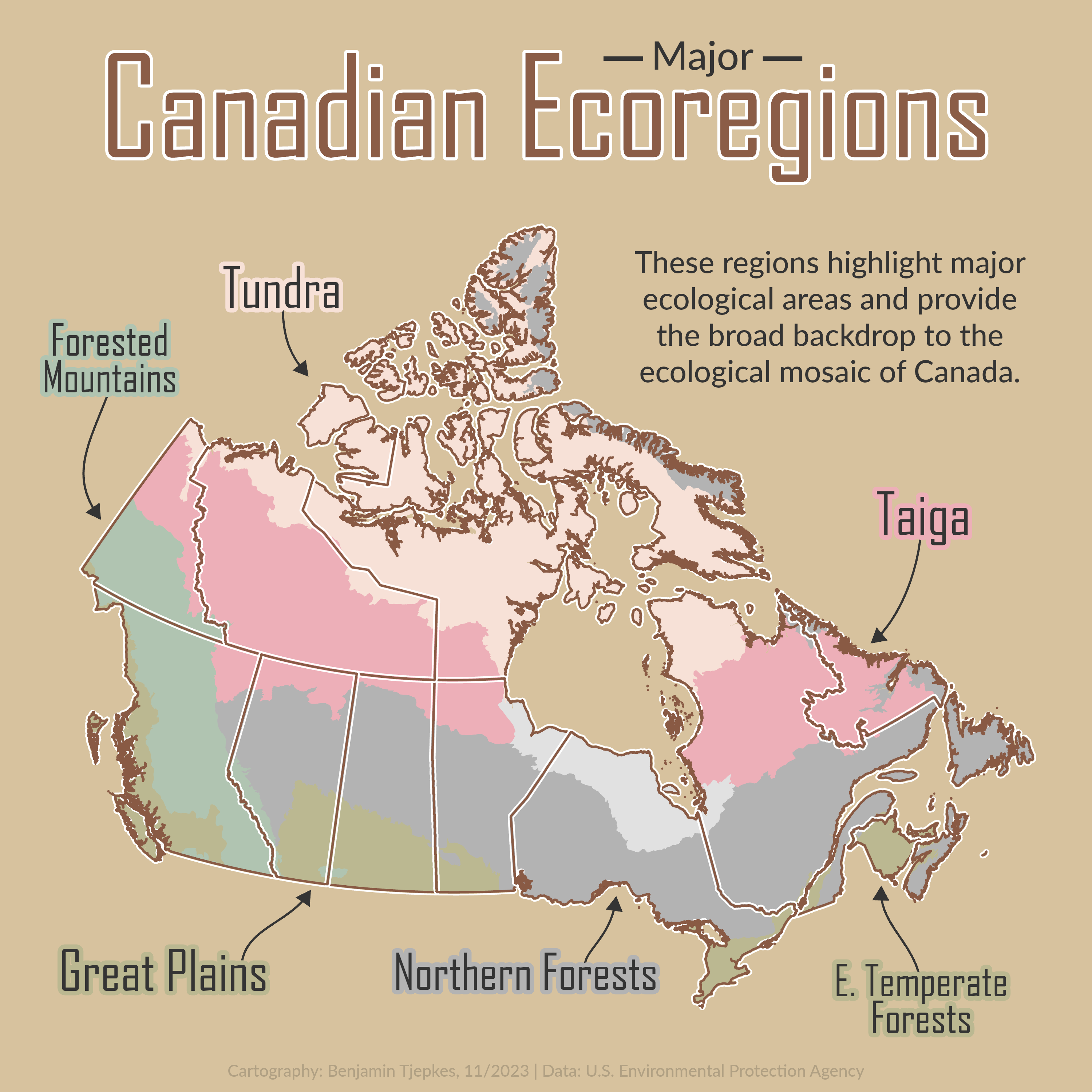 A regional map showing Canada and several level one ecological regions.