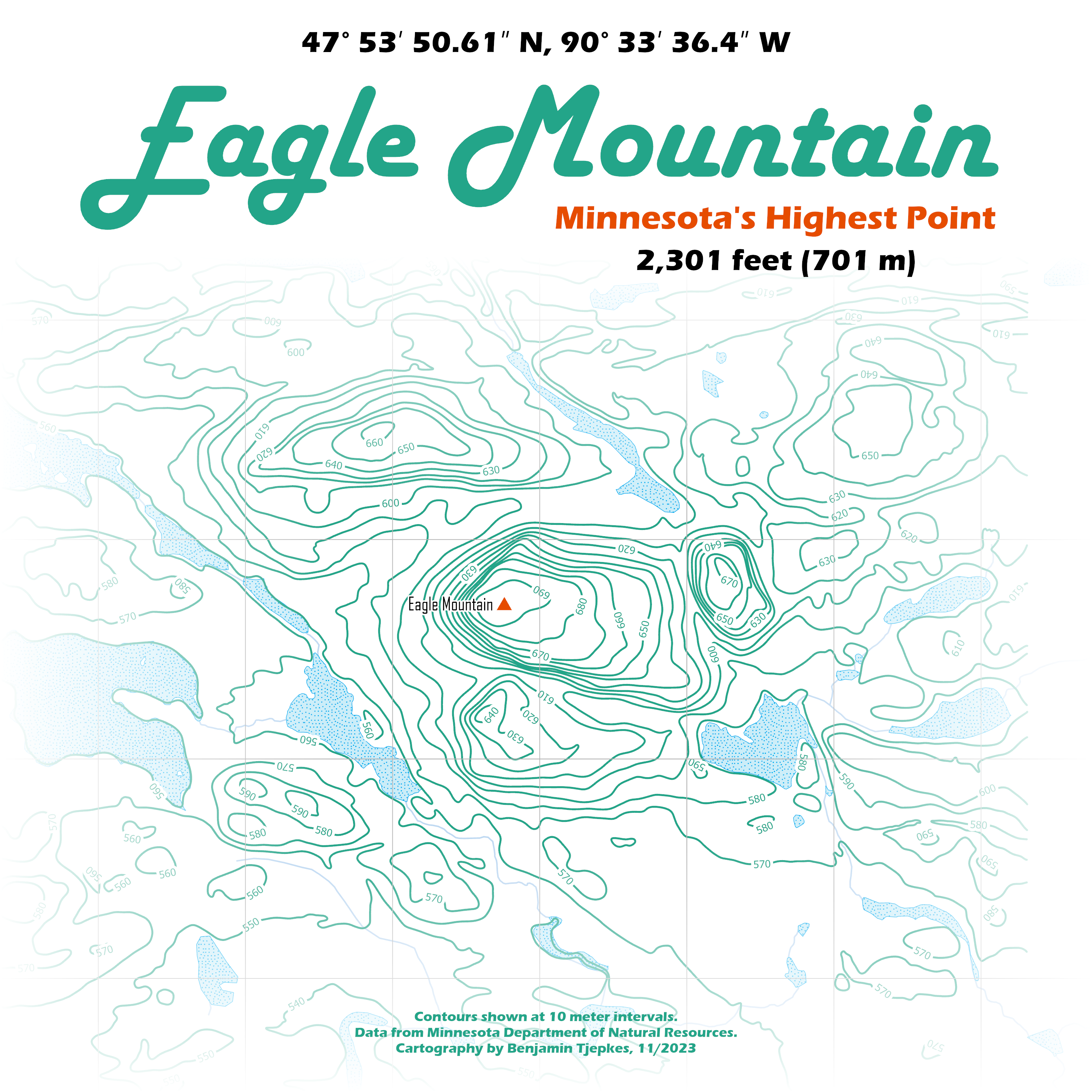 A contour map showing Eagle Mountain and the surrounding topography and hydrological features.