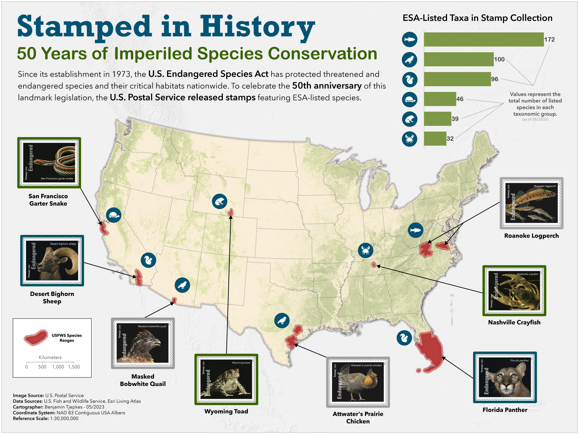 Map showing the United States and several ranges of endangrered species.