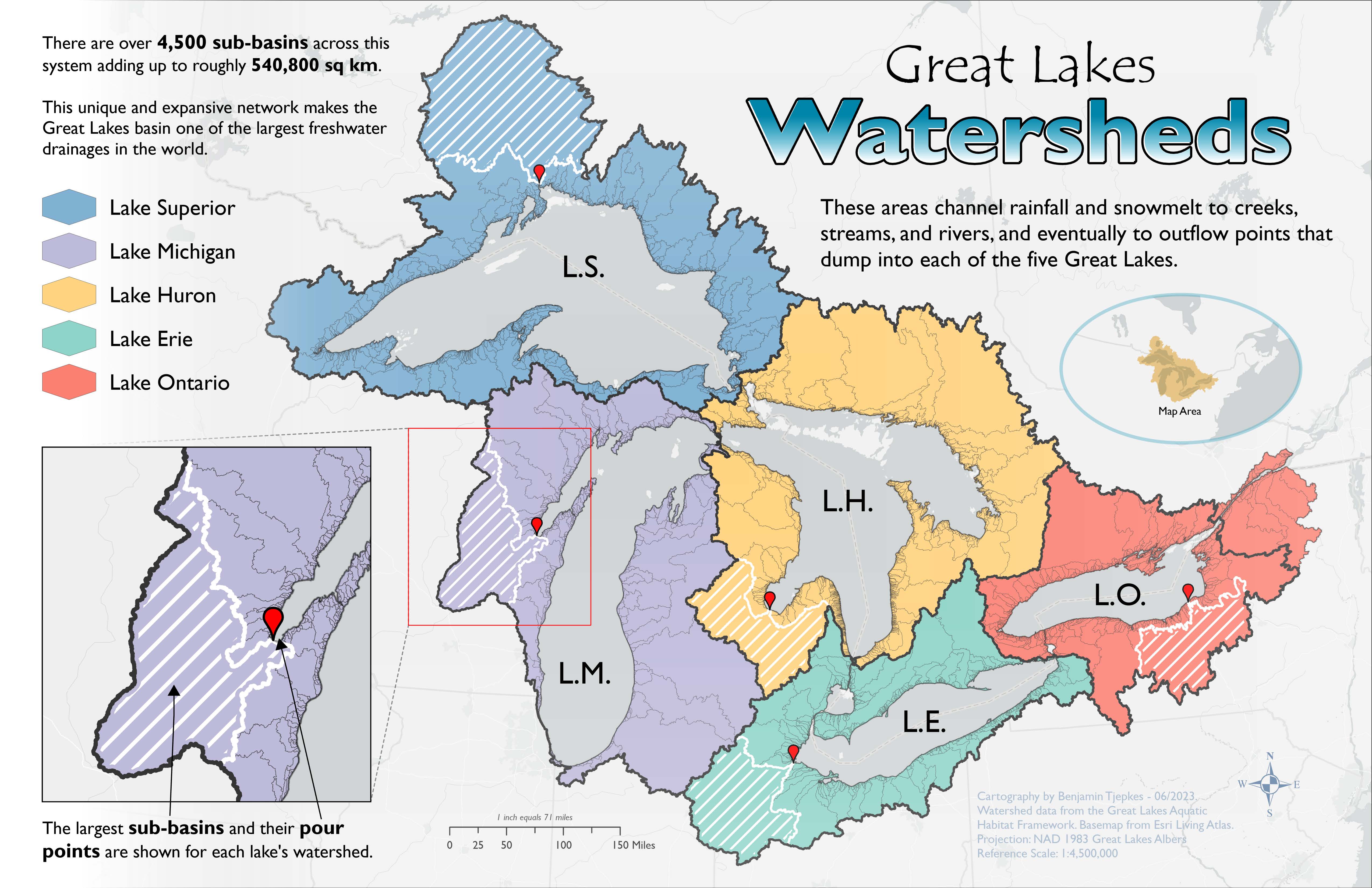 Map of Great Lakes watersheds and their pour points.