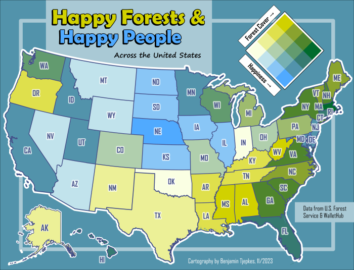 A choropleth map showing forest cover and happiness index.