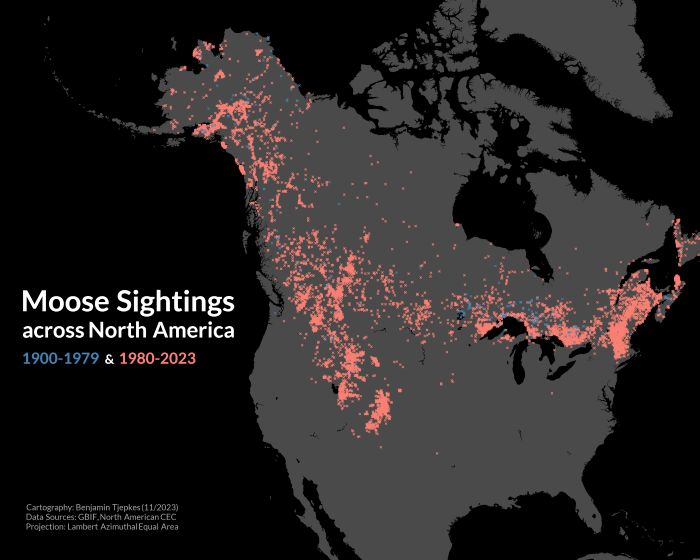 A simple map showing the points that indicate moose sightings across a backdrop of North America.