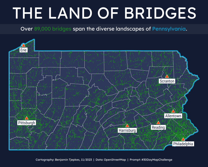 A point map showing the locations of all bridges in Pennsylvania.