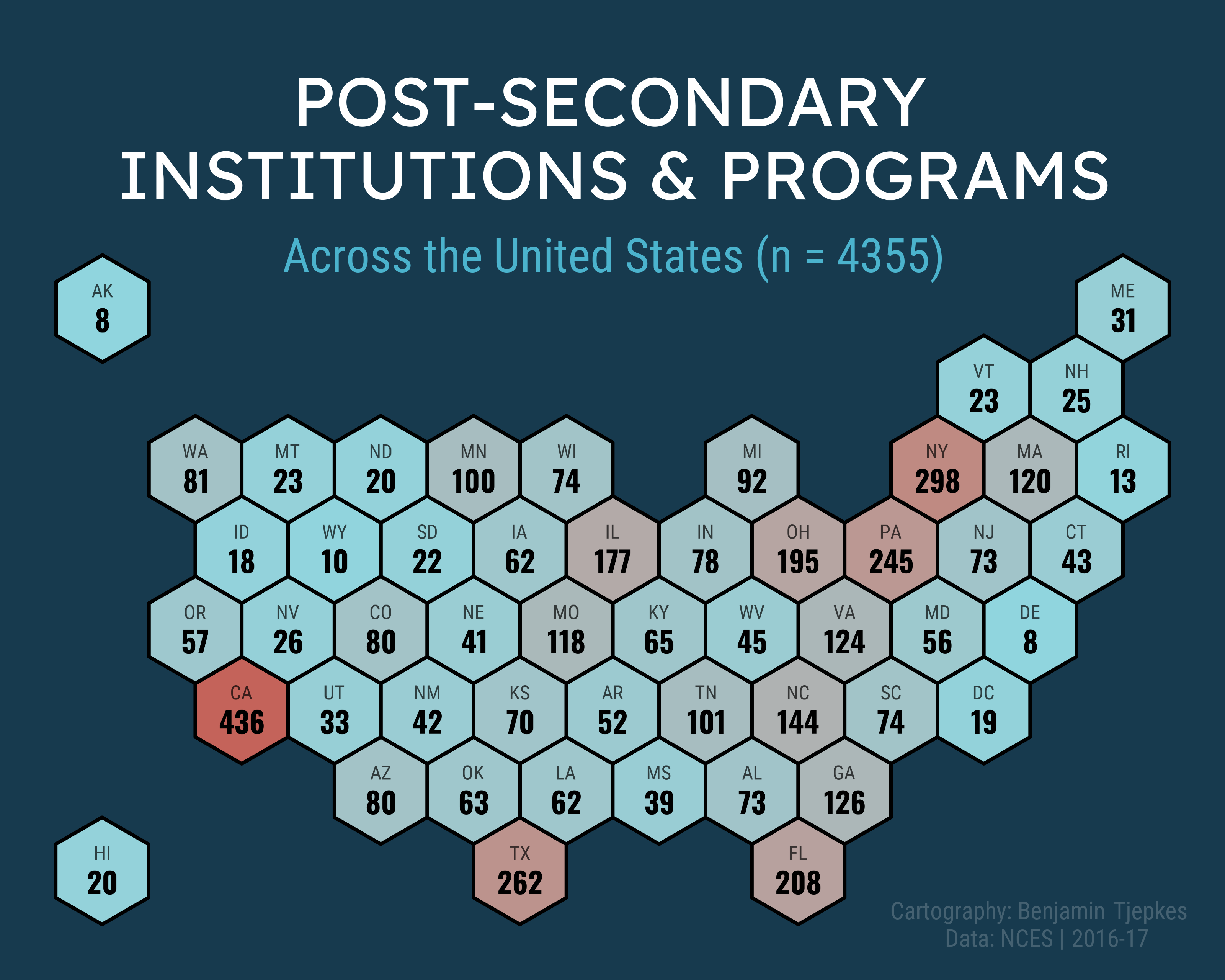 A hexbin map showing the total number of post-secondary institutions and programs in each U.S. state.