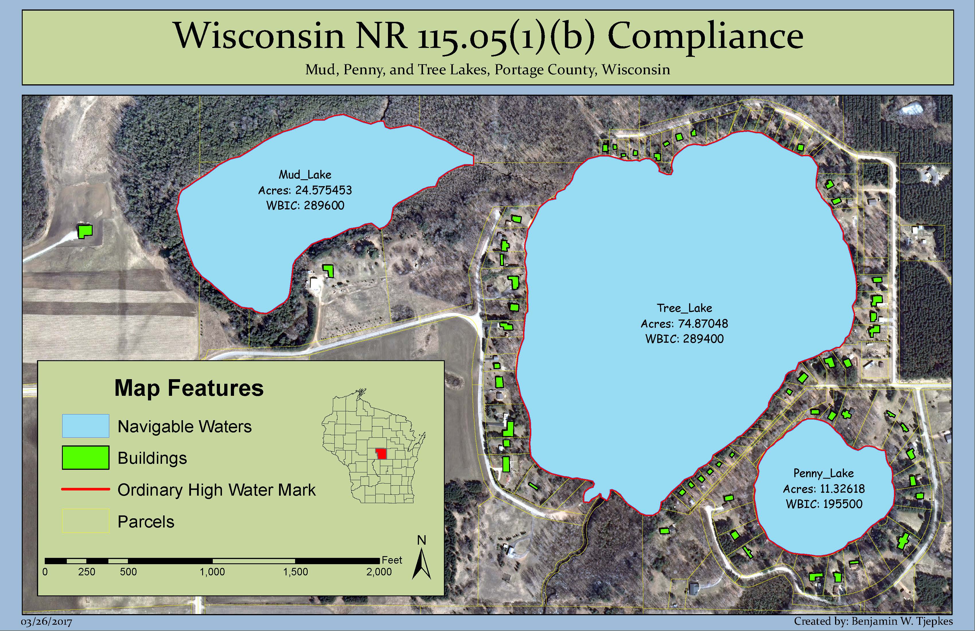 Map of three lakes showing shoreline structure setback complicance.