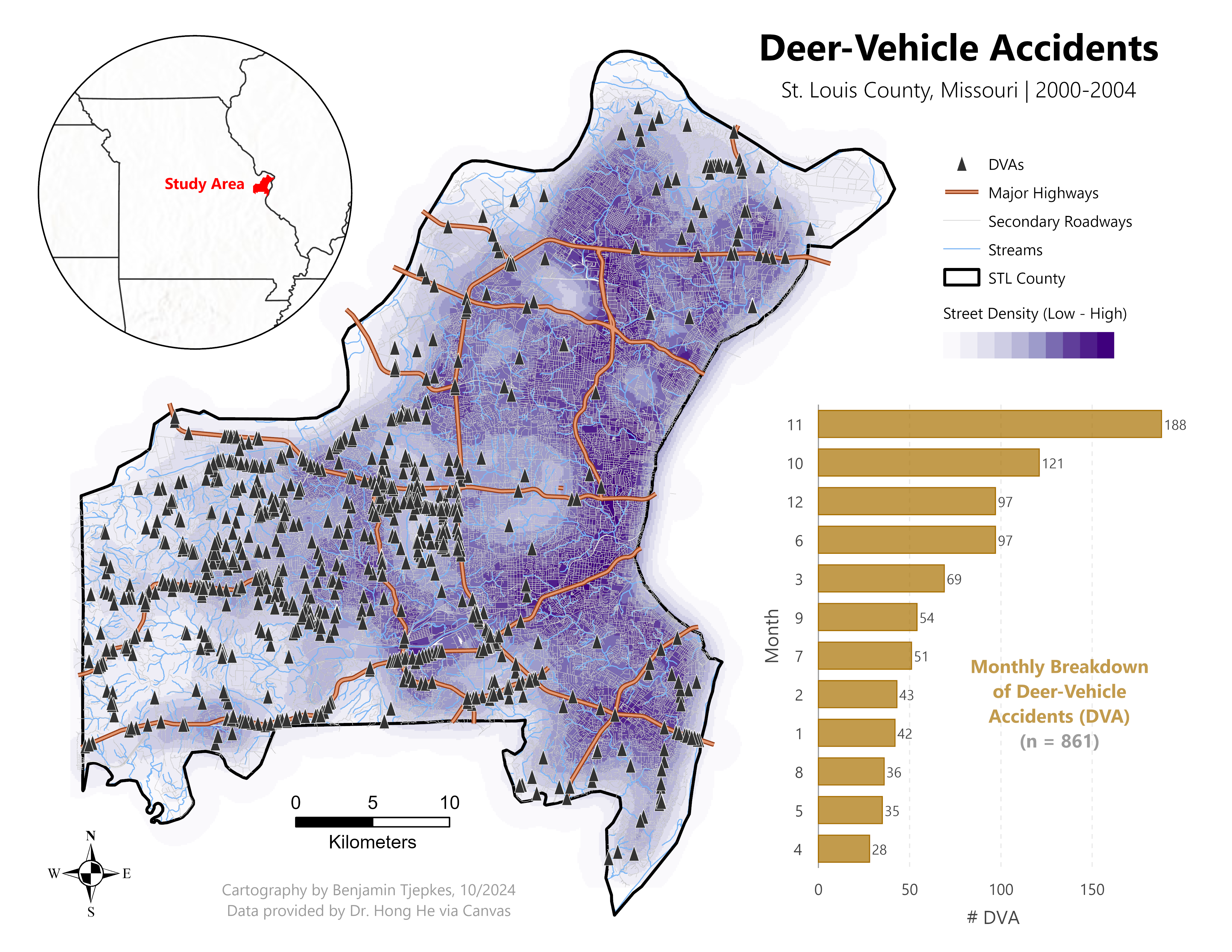 A map of deer-vehicle accidents in St. Louis County, Missouri.