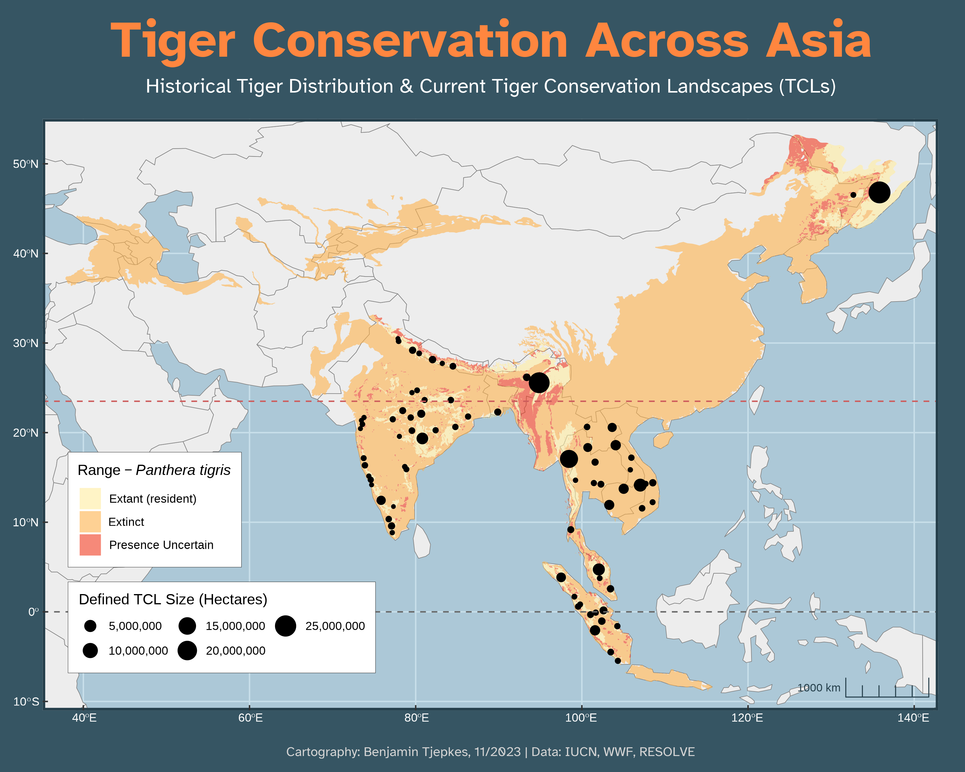 A map of Asia showing the current and historical range of tigers.