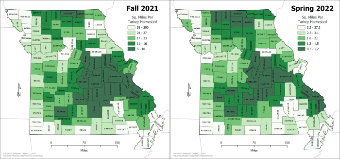 Two maps side by side of fall and spring turkey harvest.