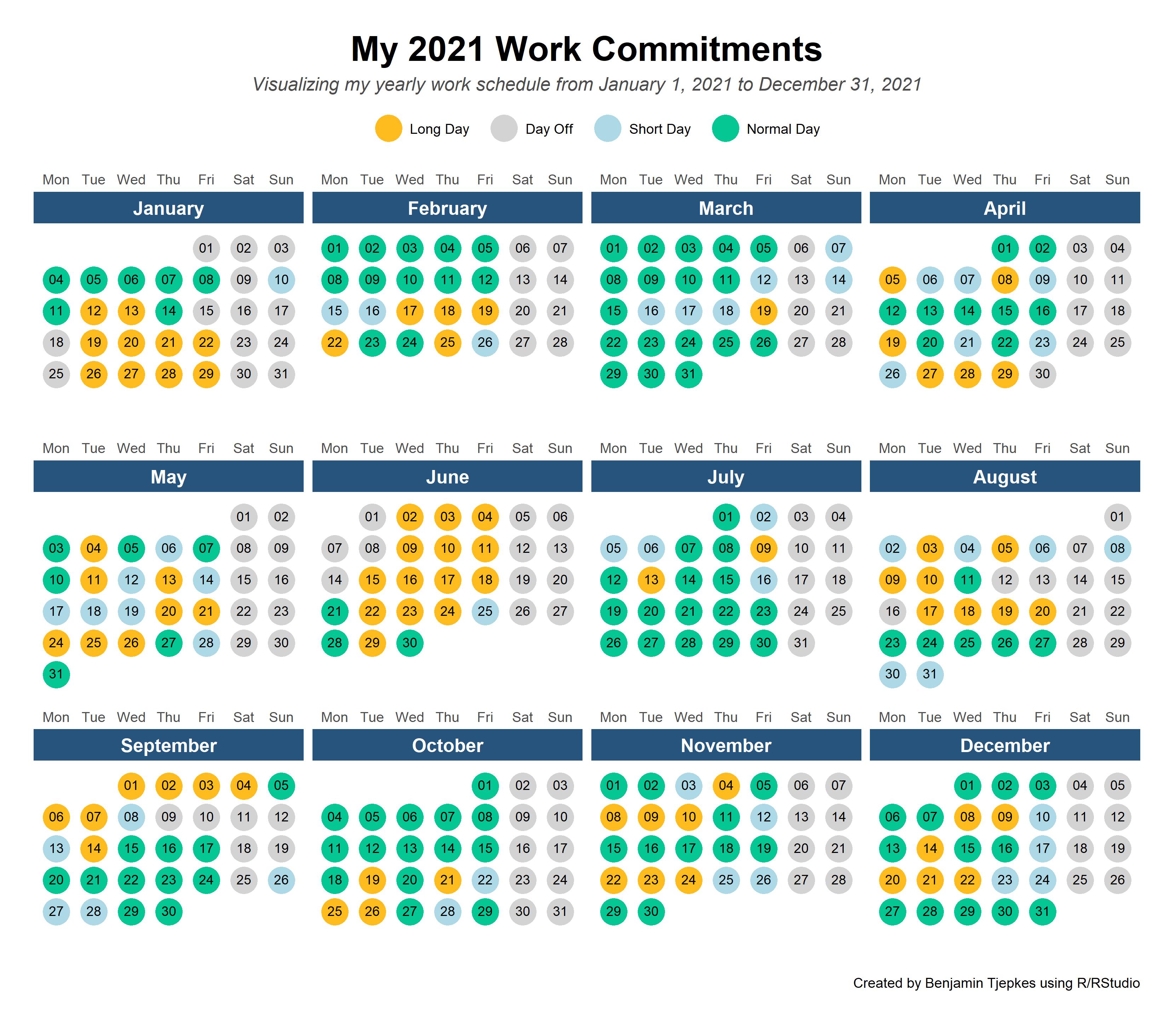 A calendar displaying work commitments for 2021, highlighting important dates and events.